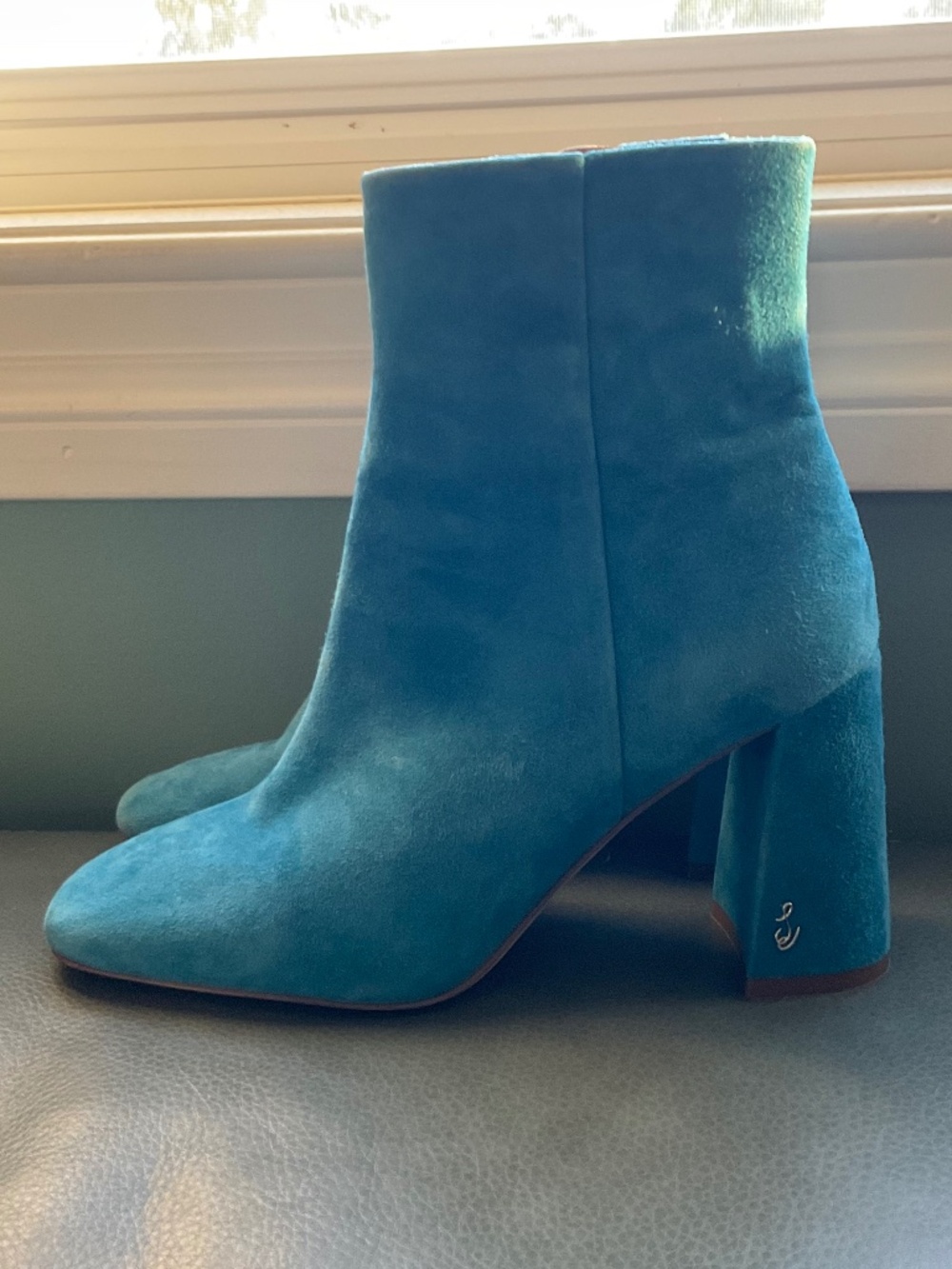 Sam Edelman Turquoise Blue Leather Suede Ankle Boots Size 6 Block Heel Zip Up